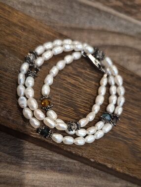 Multicolored Crystal Beaded Pearl Necklace w/ Intricately Detailed Spacers